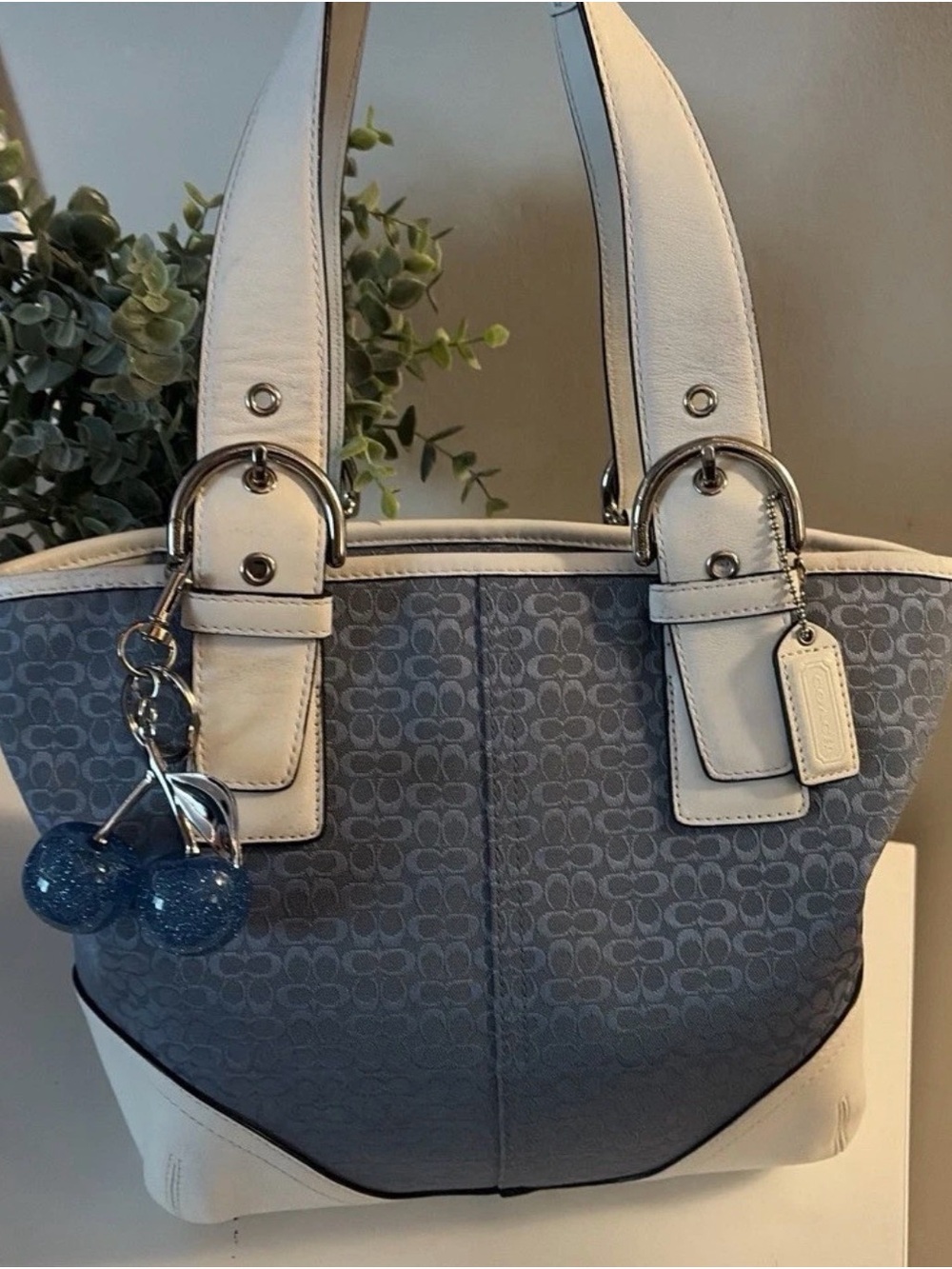 Coach Blue Signature Canvas Tote with White Trim